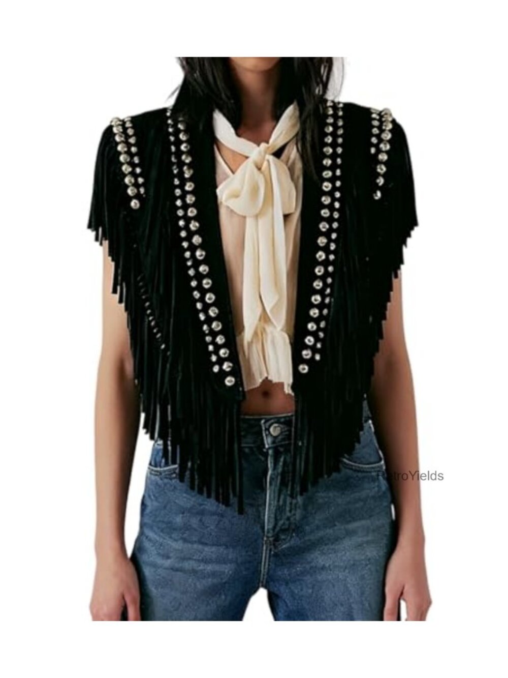 Faux Suede Studded Fringe Vest Open Front Wrap with Tassels